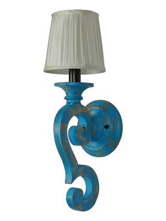 Rustic Distressed Blue Wooden Wall Lamp With White Taper Pleated Fabric Shade