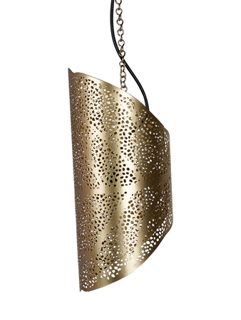 Moroccan Etched Leaf Patterned Cylindrical Golden Steel Single Ceiling Hanging Light