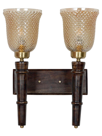 Transitional Wooden 2 Light Wall Sconce with Golden Textured Glass Lamp shade