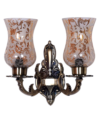 Traditional Meena Antique Brass 2 Light Wall Sconce with Golden Etched Glasses