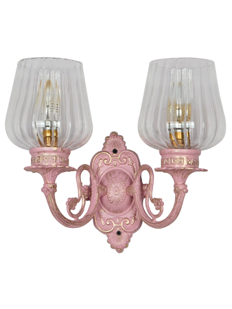 12.5x11.5 Inch Distressed Pink Aluminum and Glass Double Wall Sconce with Clear Fluted Glass Shades and B22 Holder