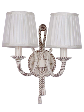 Knotted Cast Aluminium Distressed Creme Antique 2 Light Wall Lamp with Pleated Fabric Shades
