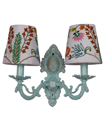 Distressed Green Cast Aluminium Small 2 Lights Wall Sconce with Floral Embroidery White Fabric Shades