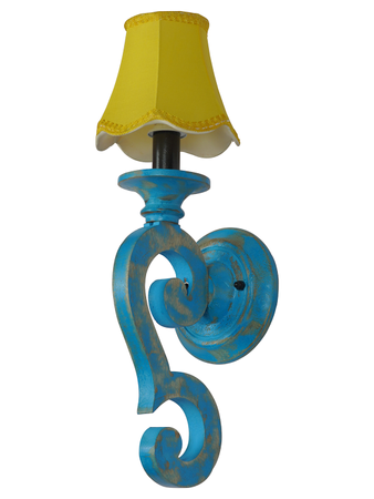 Rustic Distressed Blue Wooden Wall Lamp With Yellow Fabric Shade