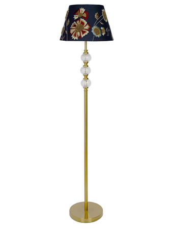 Transitional 3 stacked Glass Balls Metal Floor Lamp in Satin Brass Finish and Flowers Embroidered Blue Tapered Fabric Shade