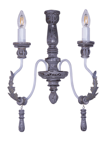 Provincial Style Distressed Grey Wood & Wrought Iron 2 Light Candelabra Wall Sconce