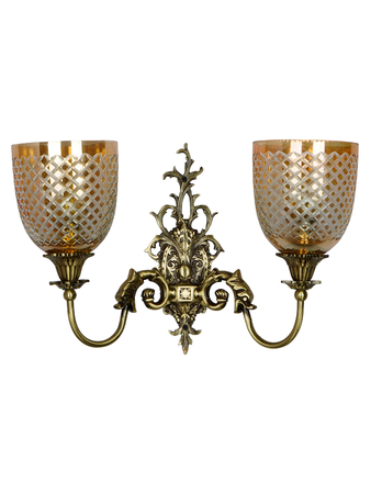 Mythical Majesty: Antique Brass Fish Double Sconce with Luster Glass 