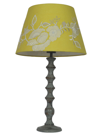 Contemporary English Distressed Grey Wooden Table Lamp with Floral Embroidered Yellow Tapered Fabric Shade