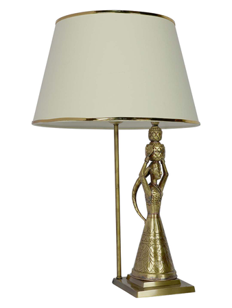 Antique Rajasthani Kalash Belle Brass Table Lamp with Off White Tapered Fabric Shade