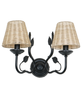 Black Italian Dual-Light 12 Inch Steel Wall Lamp Light With Tapered Beige Cane Shade