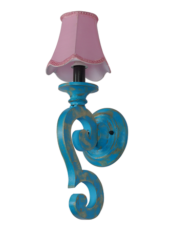 Rustic Distressed Blue Wooden Wall Lamp With Pink Fabric Shade