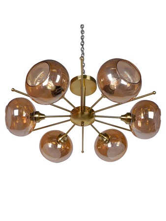 Luxurious Satellite-Like 6 Light Brass Chandelier with Golden Glass Shades