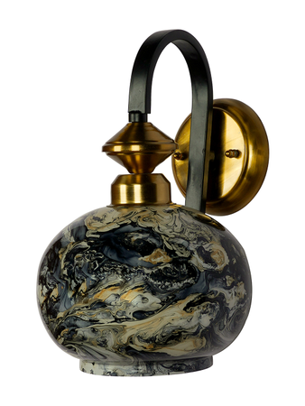 Black Gold Finish Steel Single Light Wall Sconce With Brown Marble Glass Globe