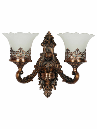 Antique Copper Finish Classic 2-Lights Aluminium Wall Lamp With Adorned Translucent Glass Shades