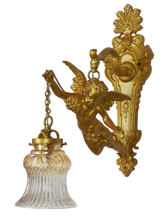 Cast Aluminium Gilded Cherub Wall Sconce with Lustrous Amber Glass Shade