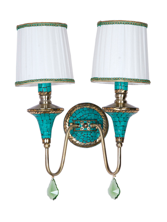 Tibetan Nepalese Double Funnel Wall Sconce with Pleated Shades and Green Stonework