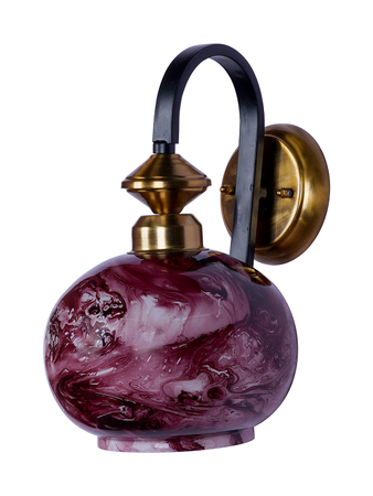 Black Gold Steel 1-Light Wall Lamp with Red Marble Glass Globe