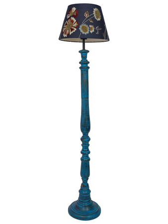French Farmhouse Style Wooden Floor Lamp with Blue Embroidered Fabric Shades and Distressed Blue Finish