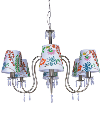 Elegant 6 Light Antique Brass Crystal Chandelier With Exquisite Embroidered White Fabric Shades