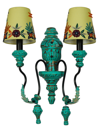 Emerald Green Distressed Wooden Double Light Lamp with 6 Inch Embroidered Yellow Shades