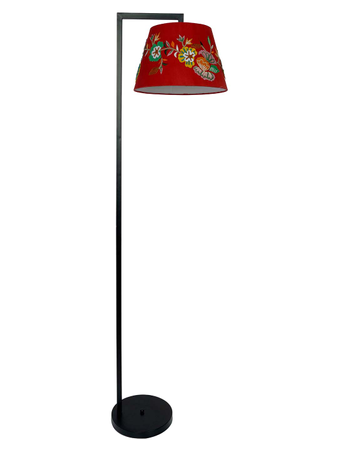 Contemporary Metallic Floor Lamp with Embroidered Red Conical Shade