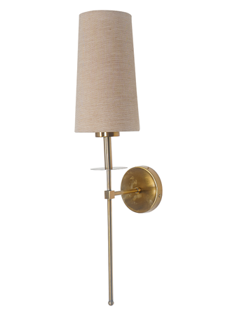 Savoy Long Arm Antique Gold Wall Sconce with Beige Fabric Shade.
