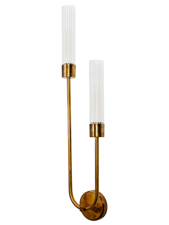 Classy Long U Shaped Antique Gold Metal 2 Light Wall Sconce with Fluted Glass.
