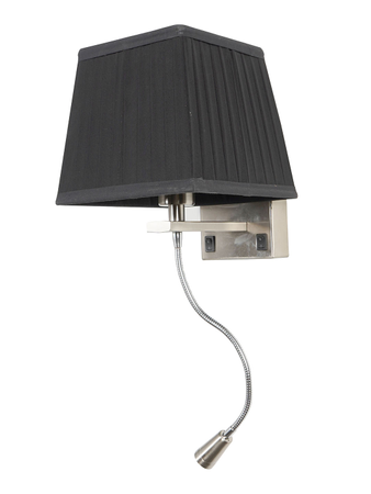 Dual Bedside Wall Light and Flexible LED Reading Light with Black Pleated Square Fabric Shade