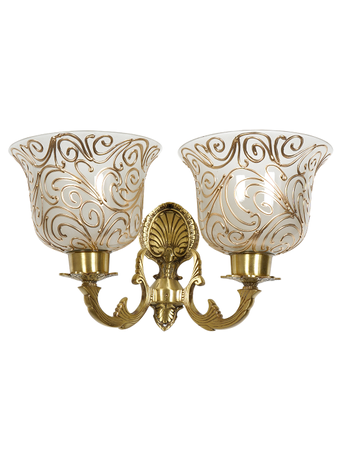 Traditional Twin Arm Antique Brass Wall Light with Frosted Glass Shades with Jaipuri designing on glass